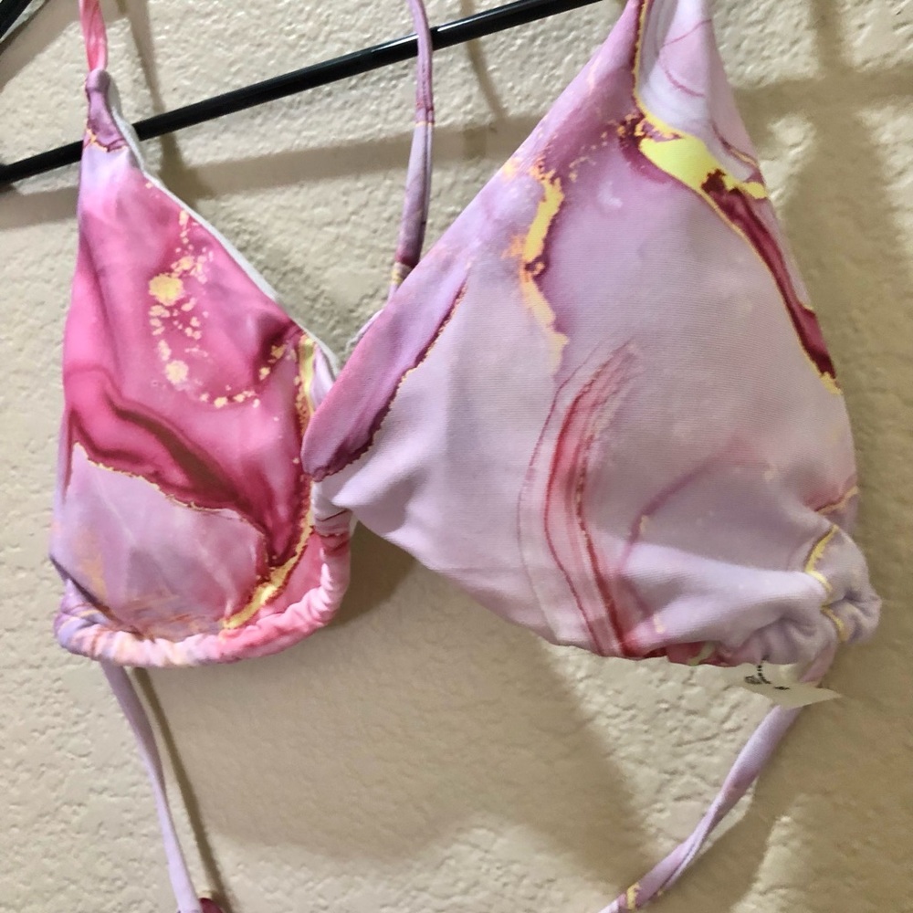 Women's Pink Marble Triangle Bikini Top and Thongs with Skirt Coverup - Picture 2 of 5
